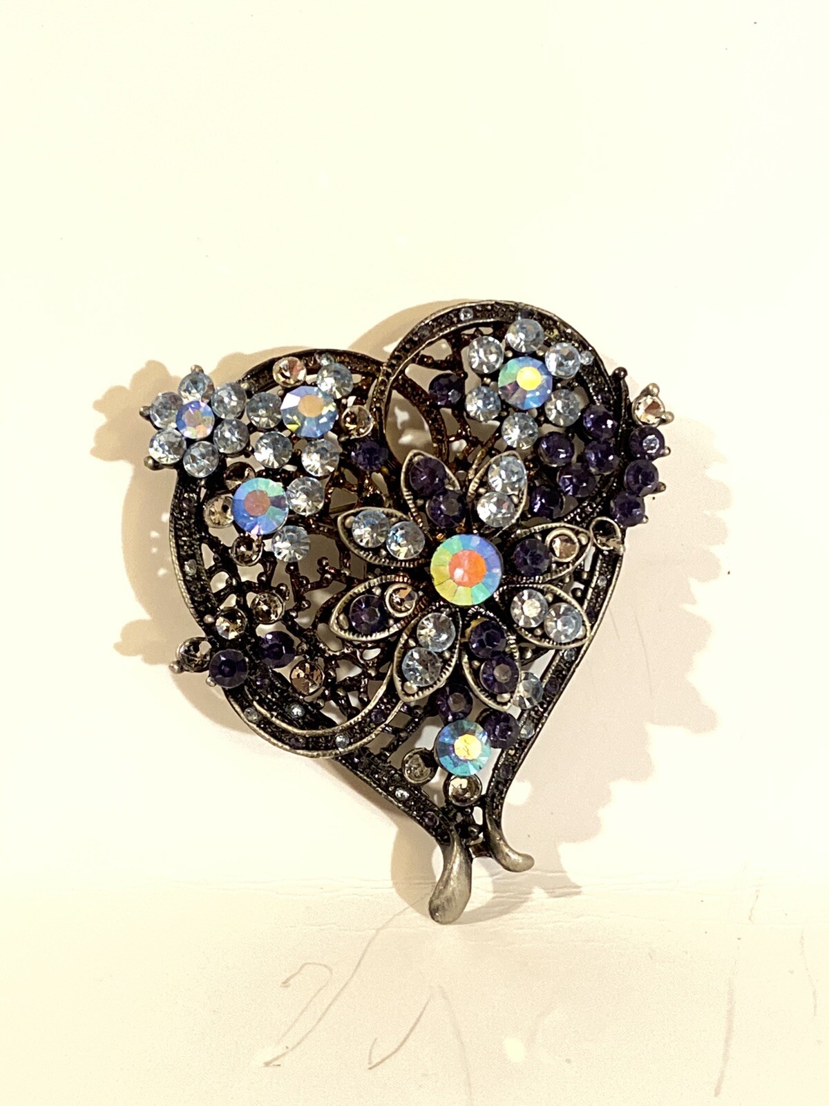 Vintage 1990s 1980s pewter Ice Blue Rhinestone ornate Heart Brooch