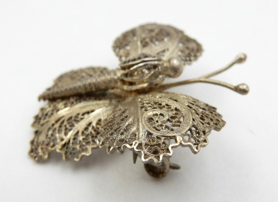 VINTAGE SOLID SILVER FINE CANNETILLE FILIGREE BUTTERFLY BROOCH PIN, 5.3 GRAMS