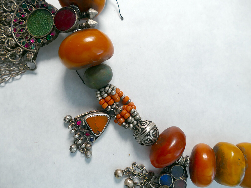 Art: Vintage Large 32″ Amber & Silver Berber Necklace from Morocco Lot A