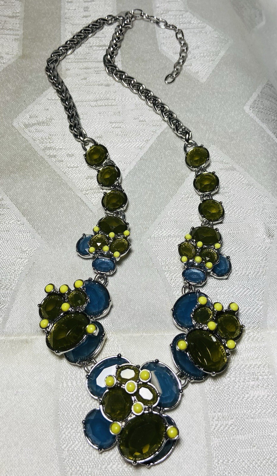 Vintage Statement Necklace Green Blue Faceted Floral Bib Necklace 20″ Adjustable