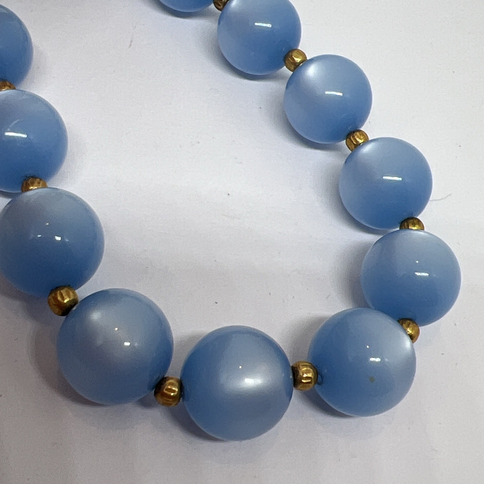 ⁠Vintage Blue Moonglow Lucite Bead 15”-17”Necklace Chunky J-Hook Choker