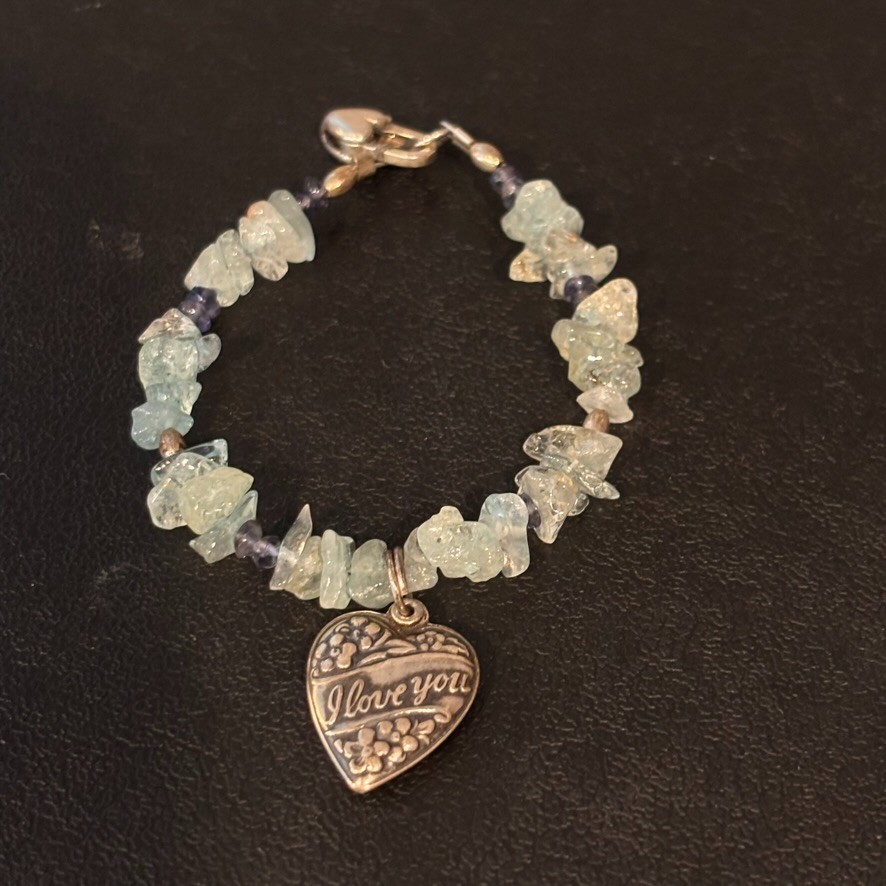 Small Girls Sterling Siver Signed “I Love you” charm aqua stone heart bracelet