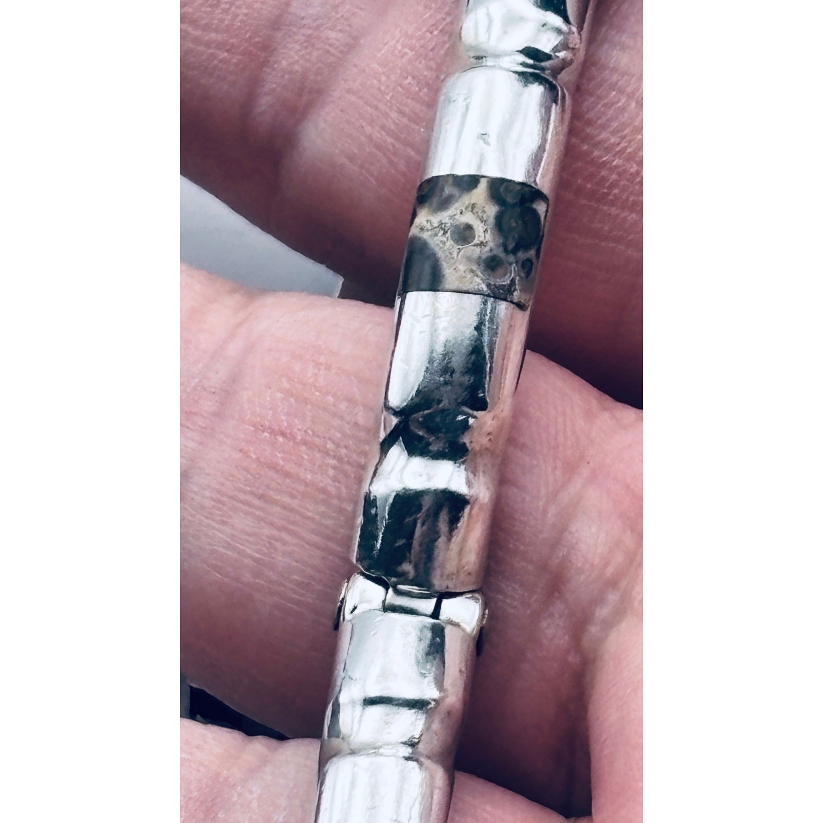 Taxco Mexico 925 Sterling Silver Leopard Skin Jasper Bamboo Link Bracelet 7in