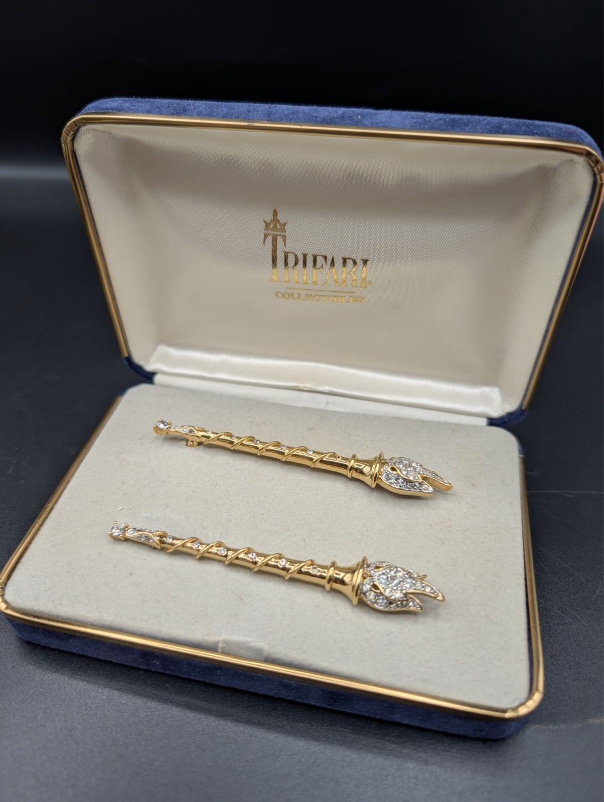 Vintage Trifari Collectibles Twin Torch Brooches Missing One Rhinestone