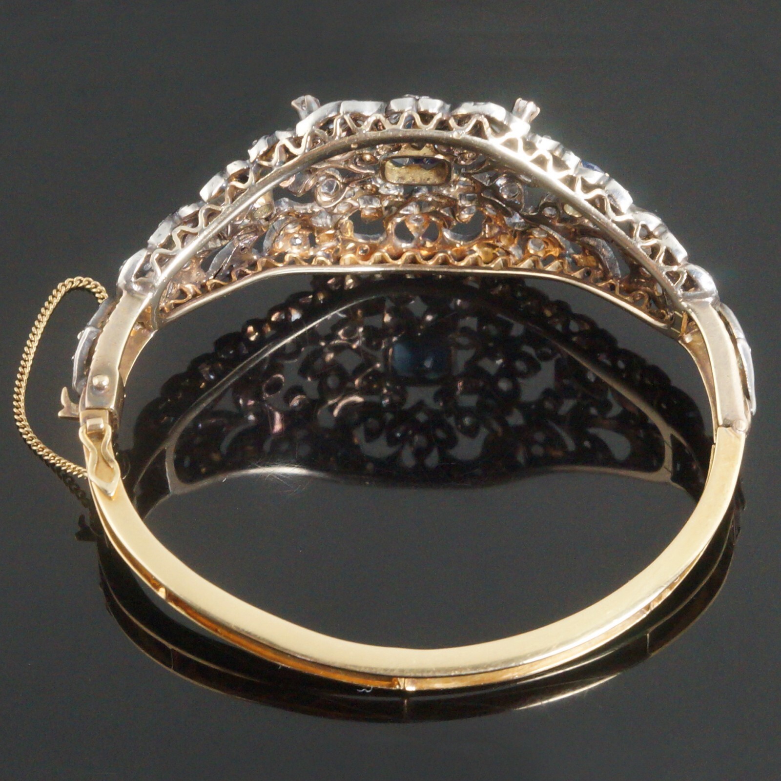 c1880 Solid 18K Yellow Gold, Silver, Rose Cut Diamond & Sapphire Bangle Bracelet