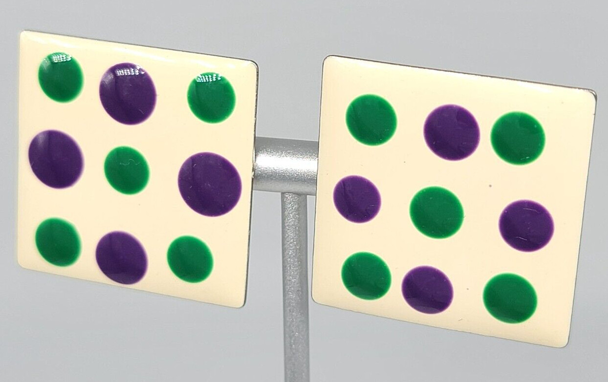Polka Dot Earrings Purple Green White Enamel Mod Silver Tone Pierced Vintage
