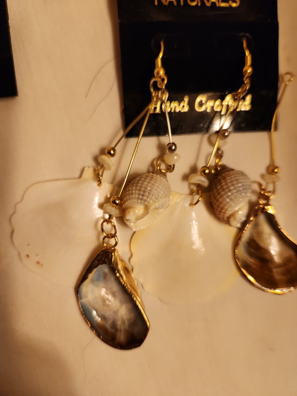 Vtg Sea shell gold trim foil natural estate Dangle Earrings 4″ Jewelry Lot of 2