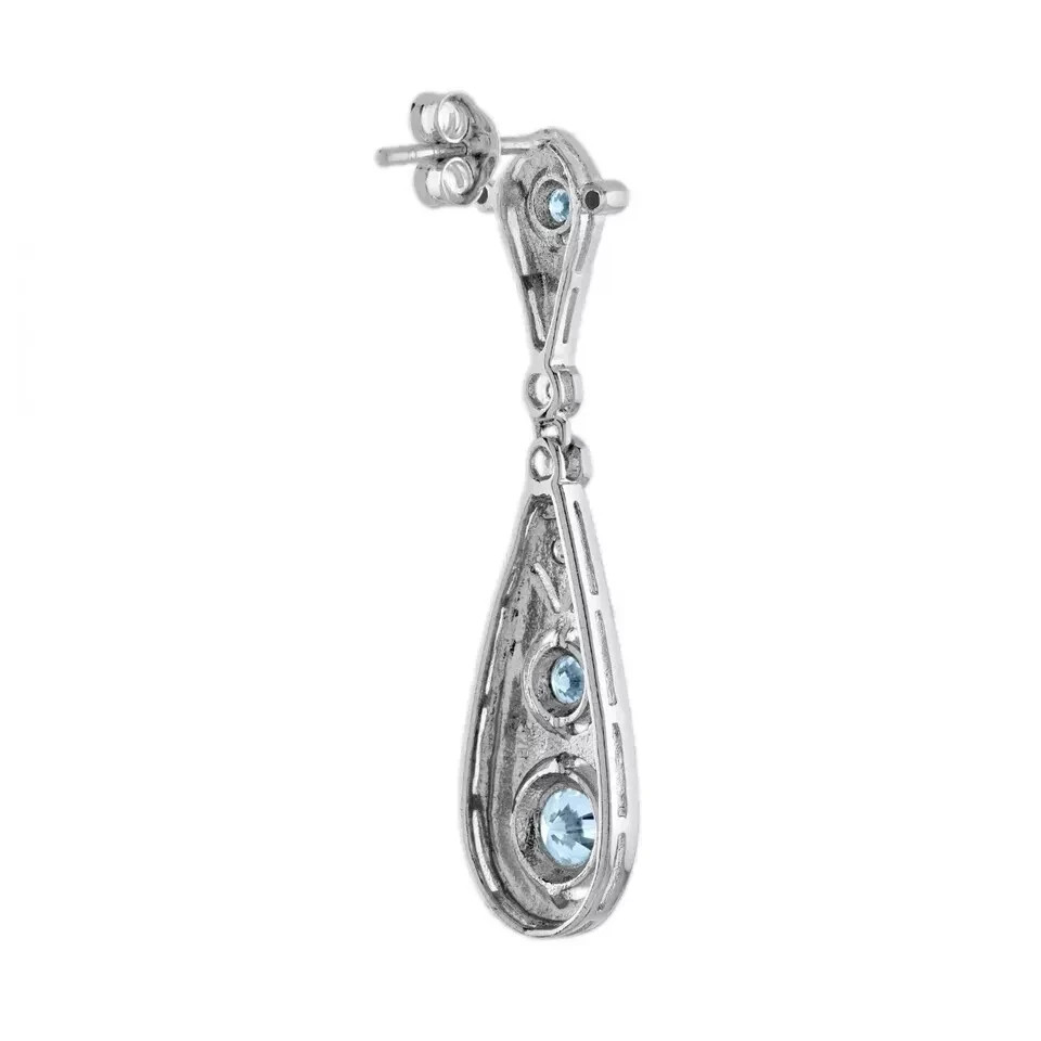 Art Deco Style Aquamarine & Lab Created Diamond14K White Gold FN Wedding Earring