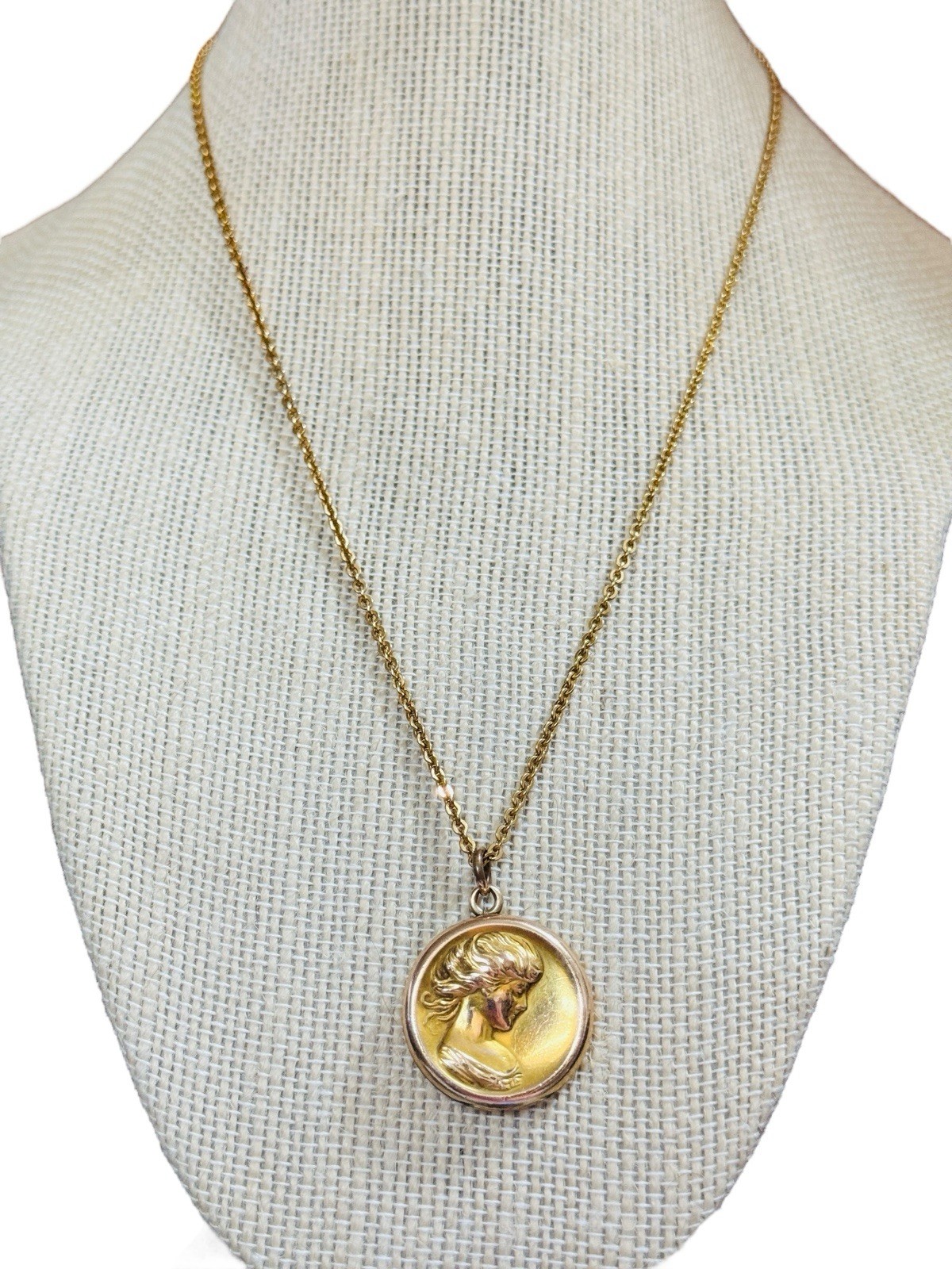 Antique Art Nouveau Rolled Gold Locket Necklace Lady Portrait