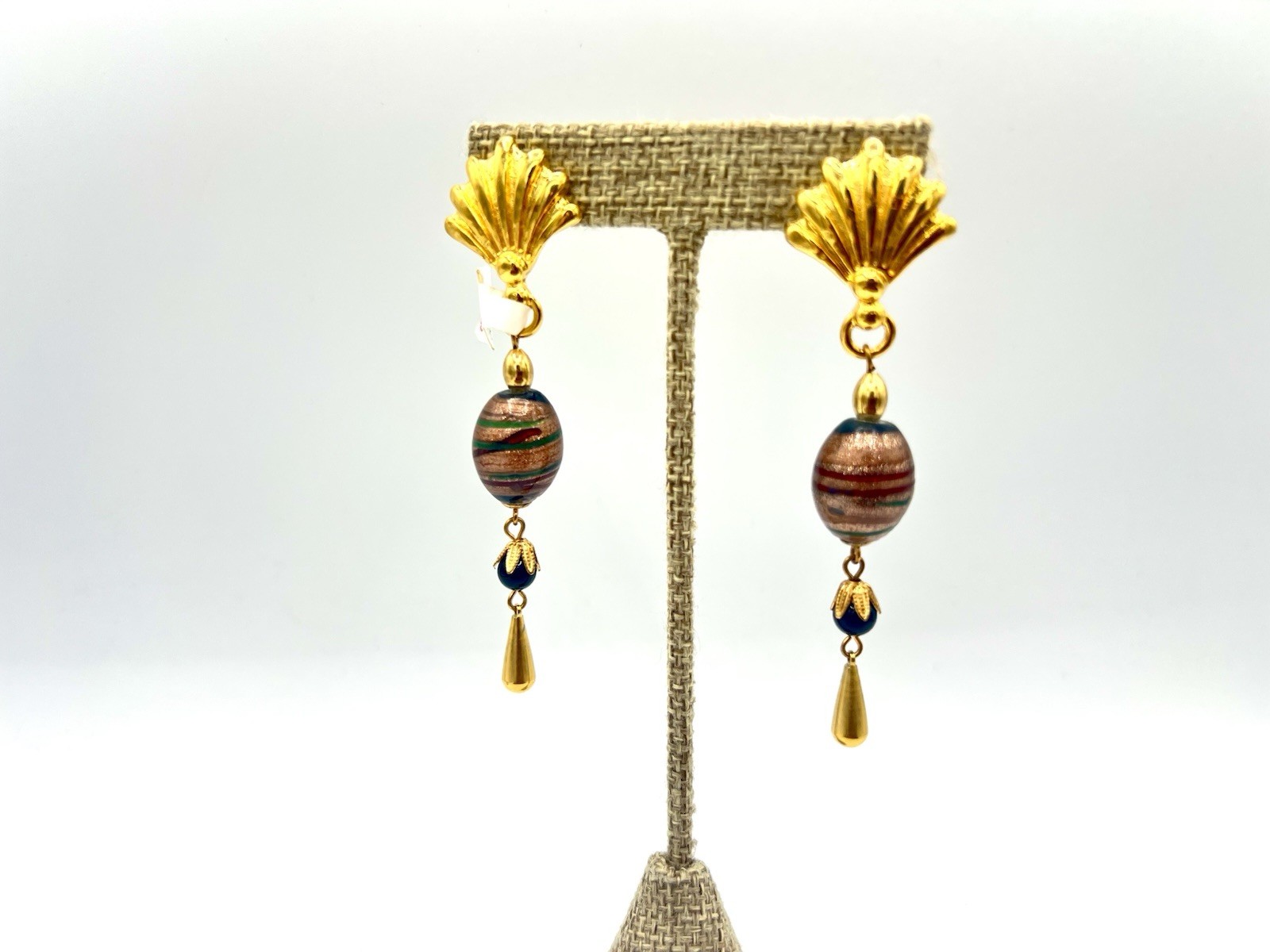 Vintage Gold Black Glass Bead Earrings Dangles New Old Stock NOS 1980s NWT VR