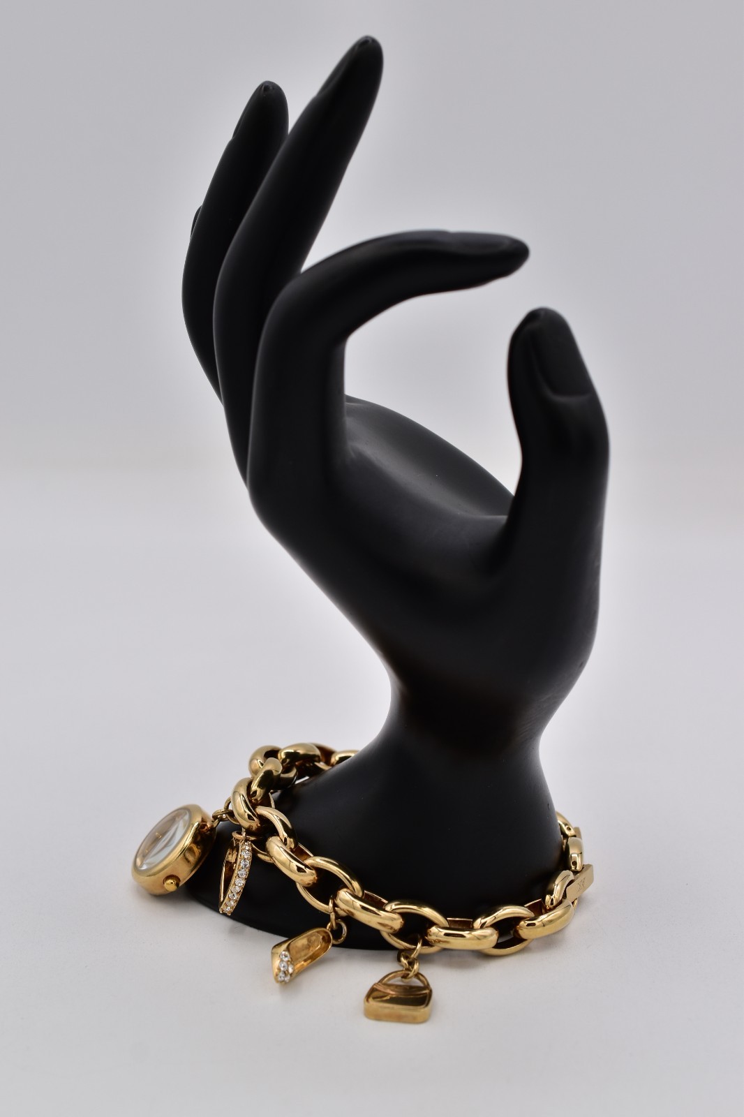 Anne Klein Gold Watch Charm Bracelet Heart Shoe Purse Clover AK Crystal BinAD