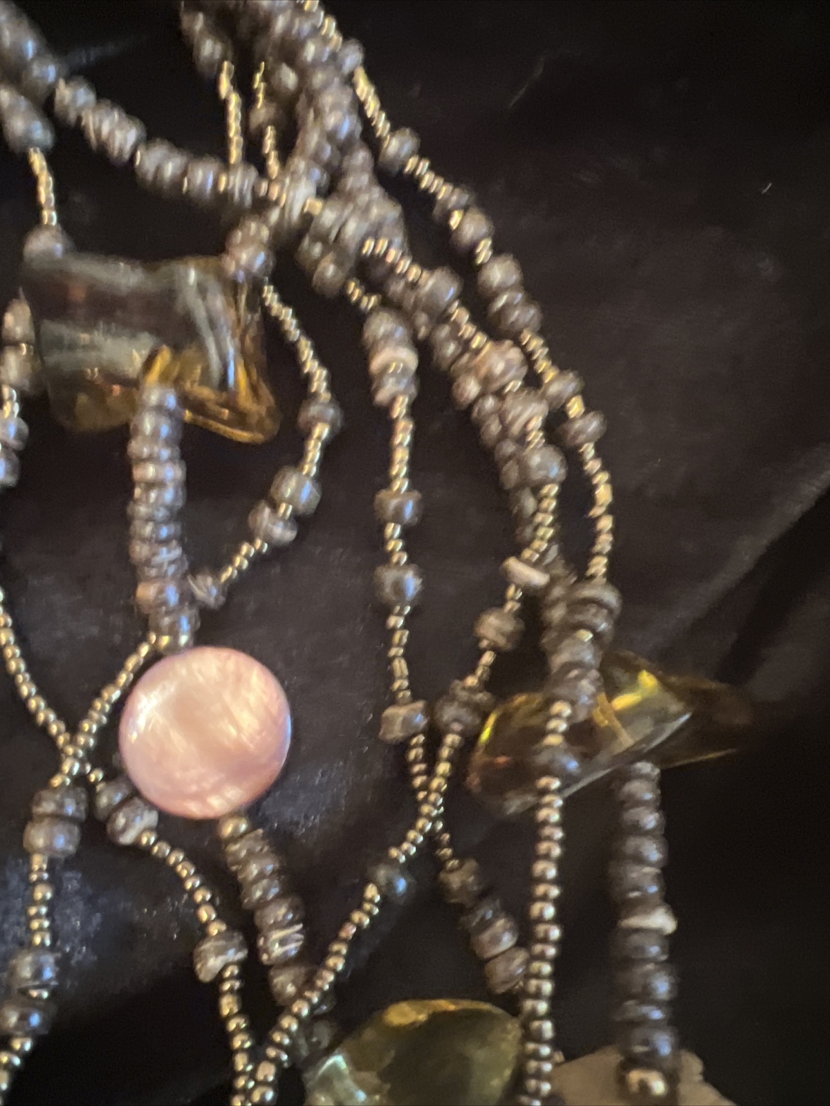 1946 Brand Brown Gold Color Lucite MOP And Wood Bead Multilayer Necklace Vtg