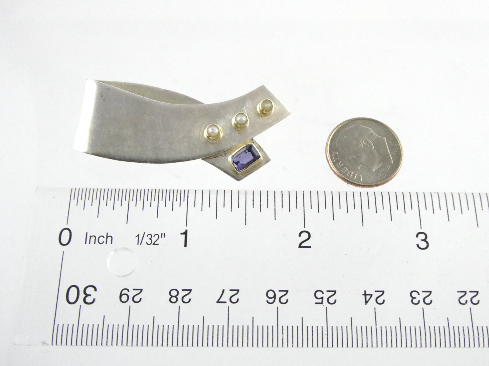 Artisan Designer Sterling Silver Seed Pearl Iolite Pin Pendant Brooch 8.9g 925