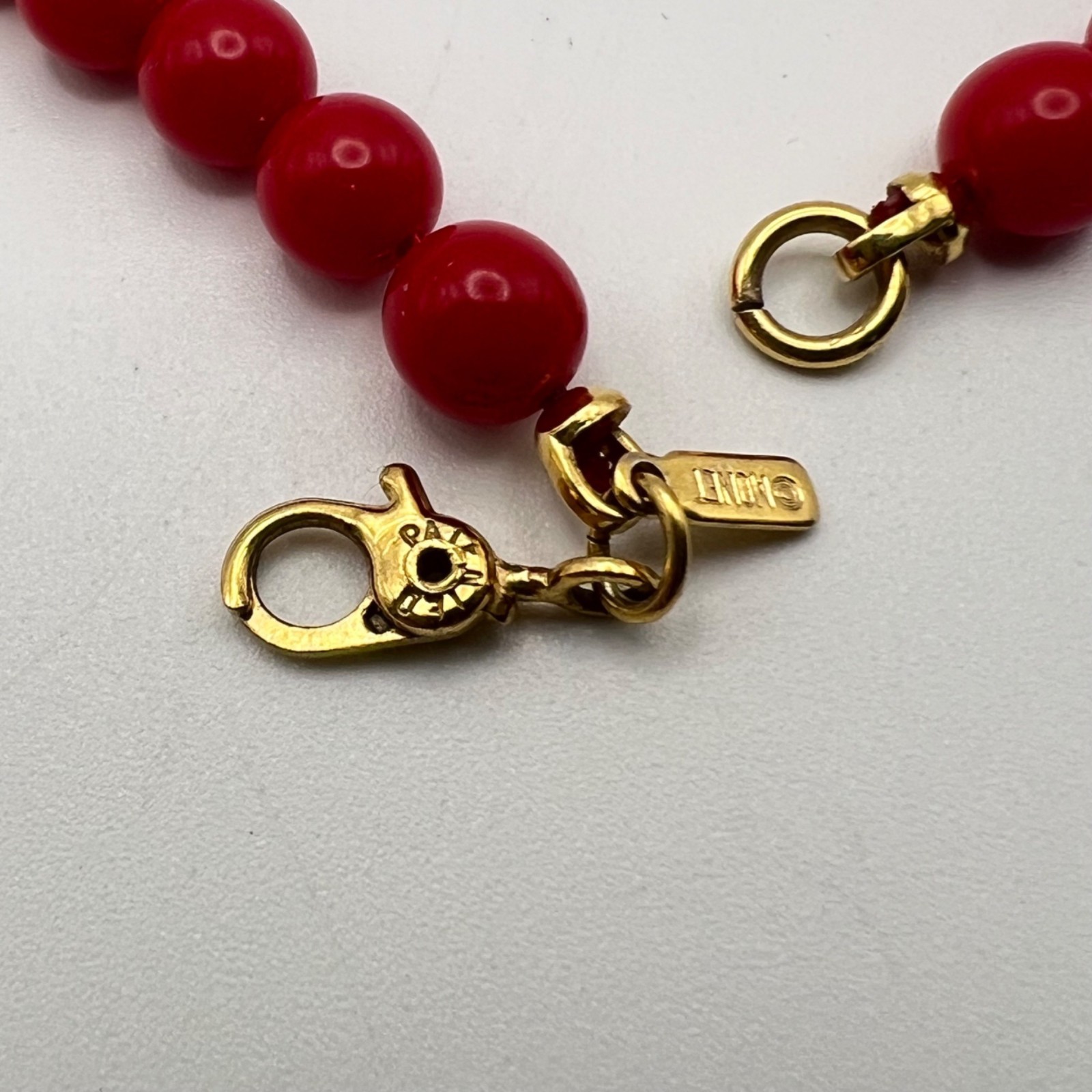 Vintage Monet 18″ Red Acrylic Beaded Necklace Gold-Tone Accents Sister Clasp