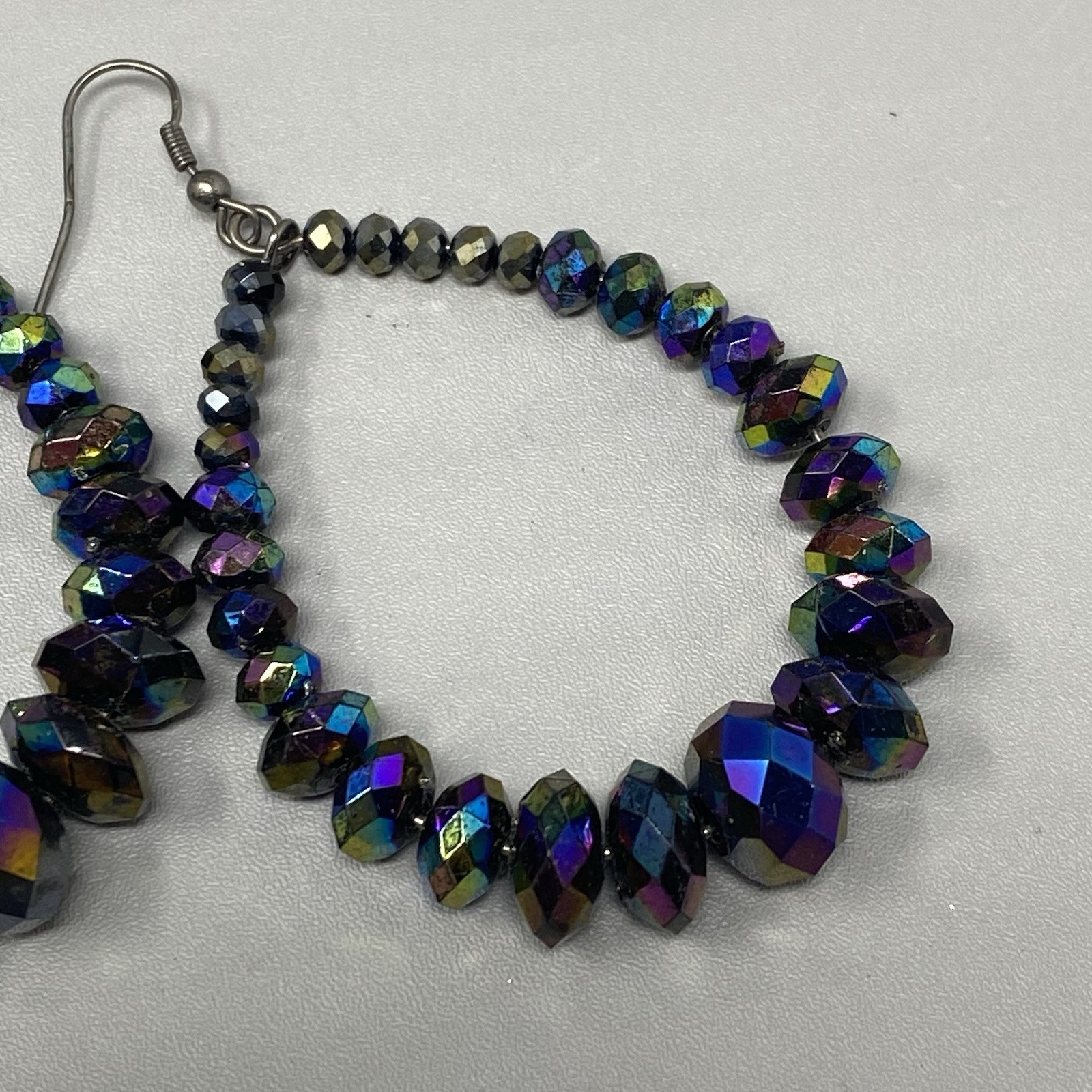 Aurora Borealis Pierced Earrings Dangle Drop Hoop Iridescent Glass Beads 3″