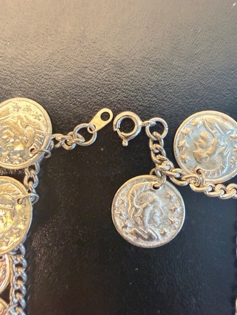 Vintage Coin Charm Necklace & Bracelet Set Silver Tone Buffalo Nickel Style Boho