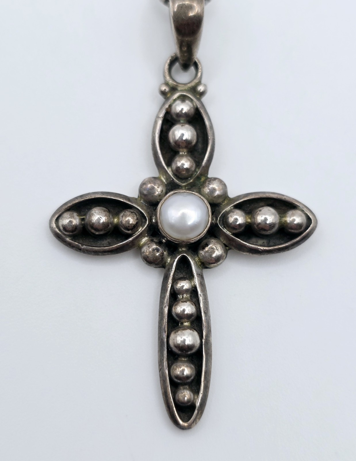 Silpada S0971 Pearl Cross Pendant Necklace 20″ Italy Sterling Silver Box Chain