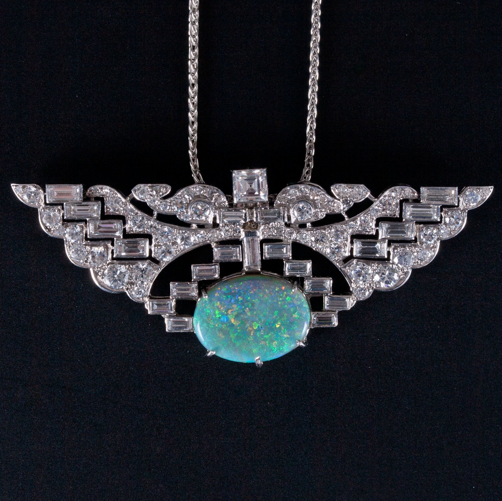 Vintage 1930’s .950 Platinum Oval Cabochon AAA Opal Diamond Necklace 7.89ctw