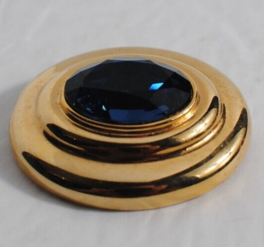 Vintage Oval Blue Glass Color Glass Gold Tone Brooch Pin 1 3/4 in. x 2 in.