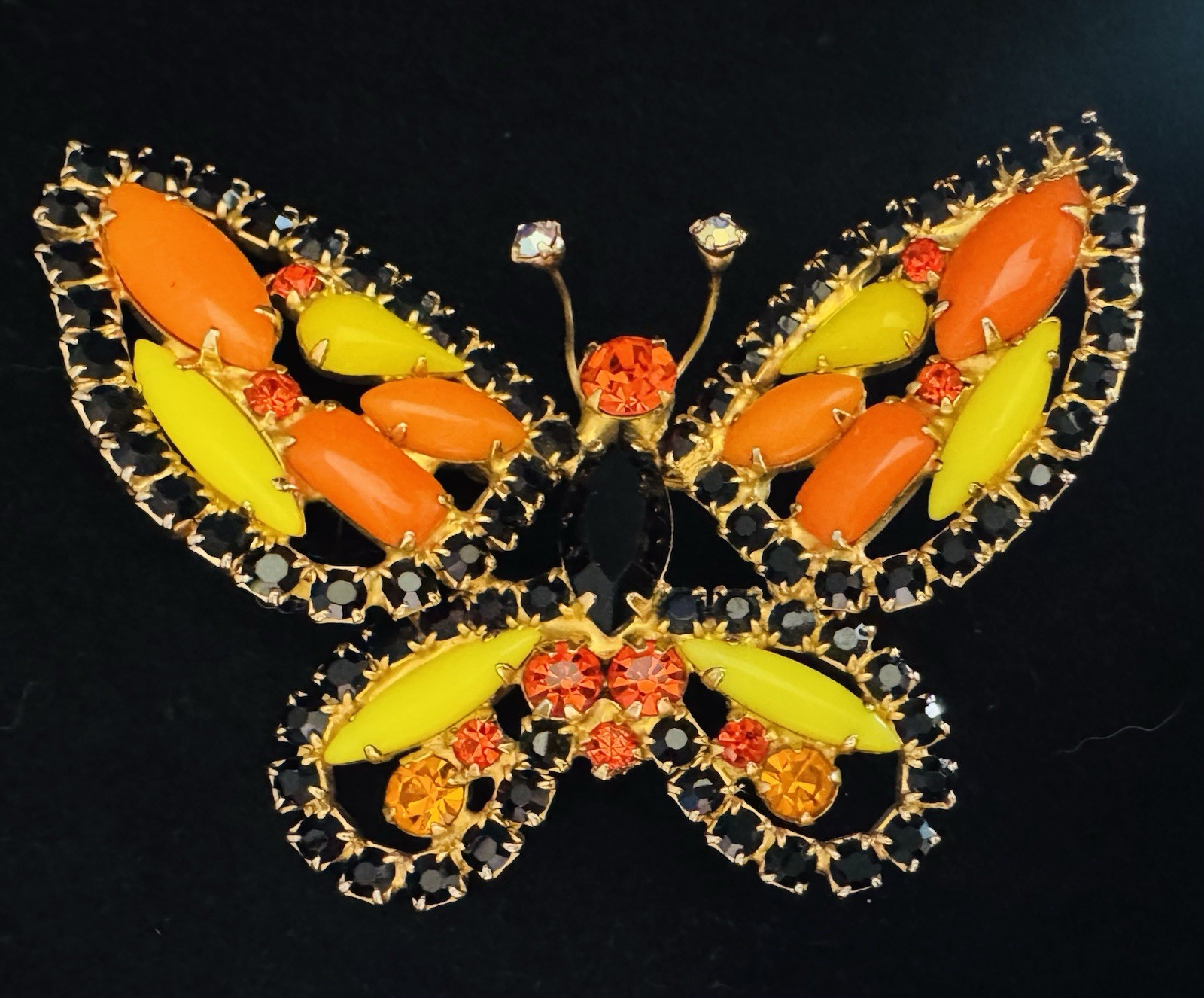 Vintage Juliana D&E Butterfly Brooch Black Rhinestone Orange Chartreuse Cabochon
