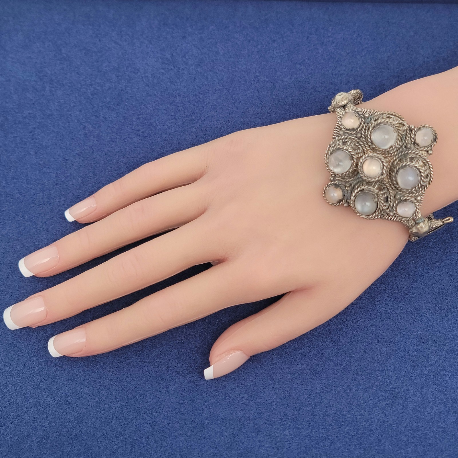 Vintage Artisan Cannetille Filigree Metalwork Moonstone Bracelet Size 7