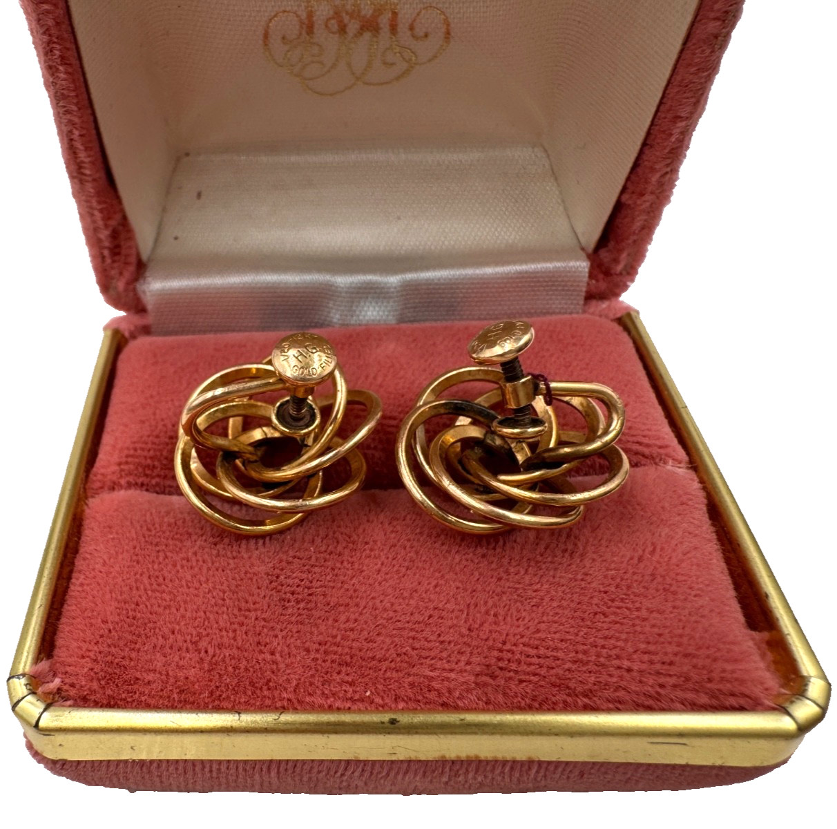 VICTORIAN TRUE LOVERS ENDLESS KNOT YELLOW GOLD FILLED 12K EARRINGS SCREW BACK 1″