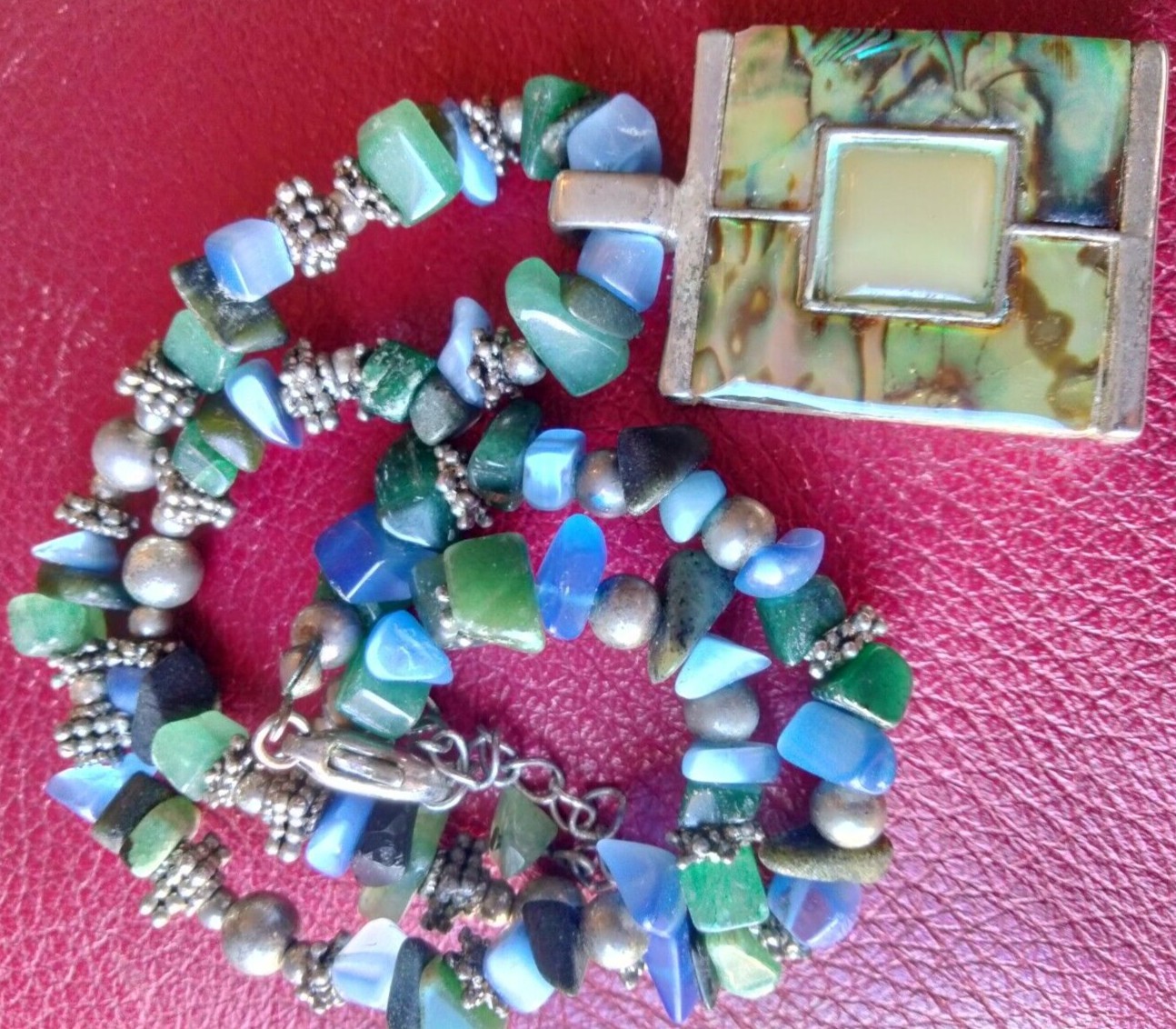 Vintage Abalone Paua Shell Iridescent Pendant Agates Silver Tone Beads BlueGreen