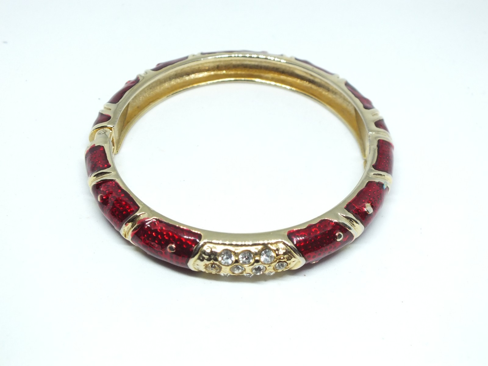 Beautiful Clamp Bracelet Gold Tone Red Enamel Clear Rhinestones 3/8″ W x 2 1/4