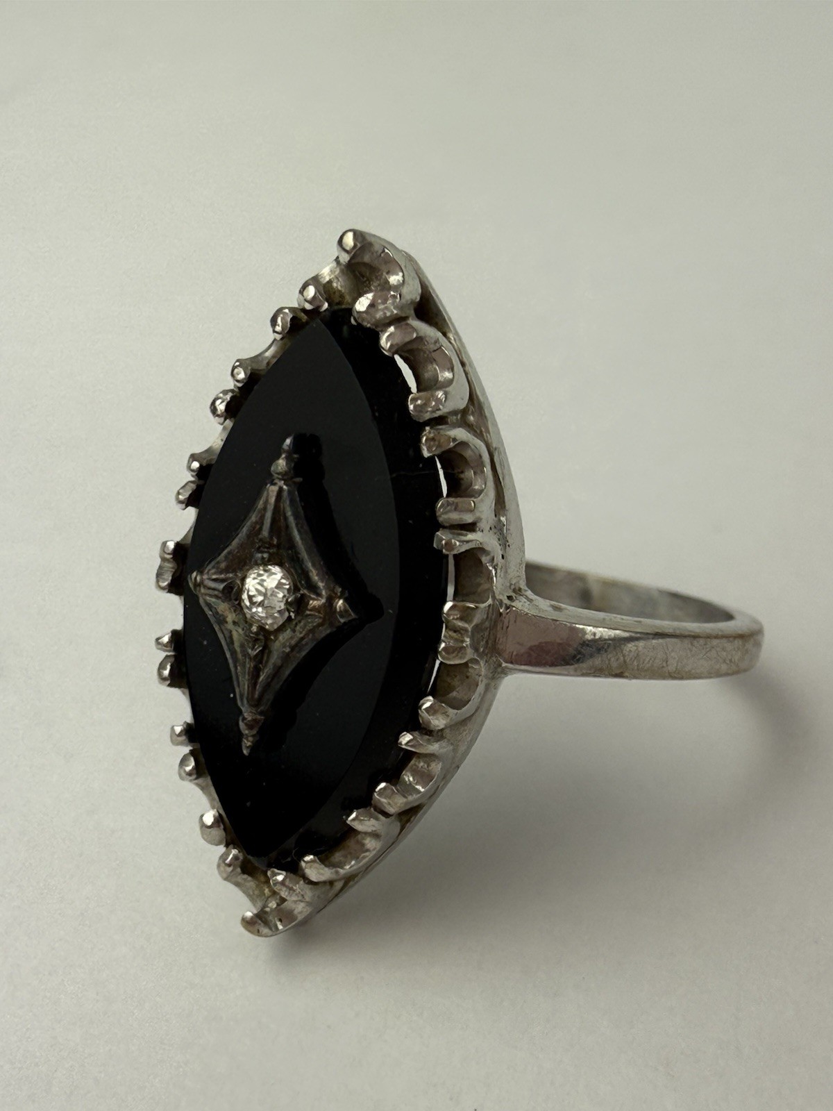 Vintage Art Deco 14k White Gold Marquise Black Onyx Diamond Ring Size 7