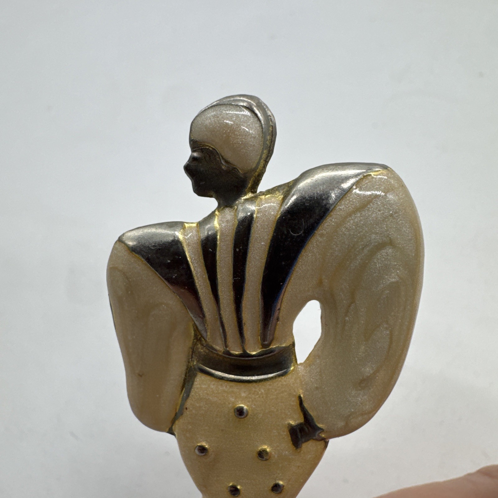 Gold-Tone Metal And Ivory Enamel Fashionista Woman Vintage Brooch 3 1/4” Long