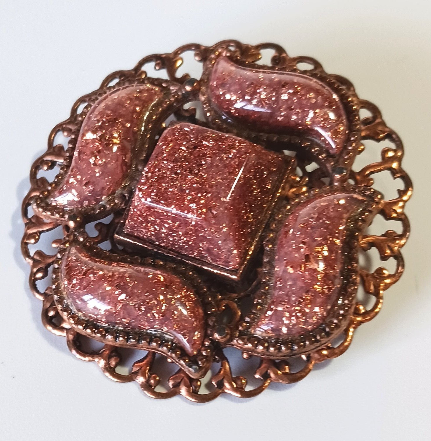Vintage Filigree Copper? Brooch w Smooth Raised Speckled Goldstone-style Cabs