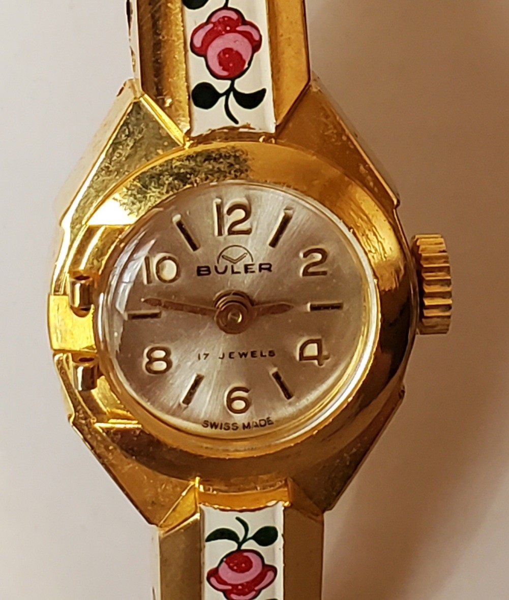 Vintage Buler Manual Gold Plate Enamel Rose Bracelet W/Face Cover Needs Repairs