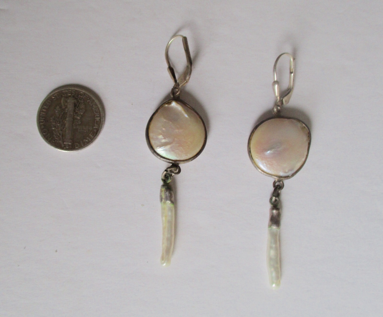 Pair of Vintage 2 1/2-Inch Coin Pearl Earrings With Drop/Boho/Shabby Chic/Hippie