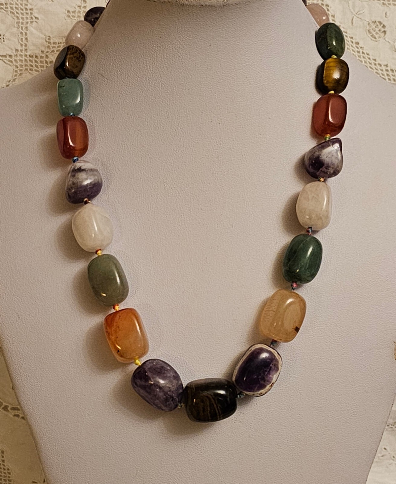 Vintage Natural Carnelian Agate Jade Aventurine Tiger’s Eye Bead Necklace