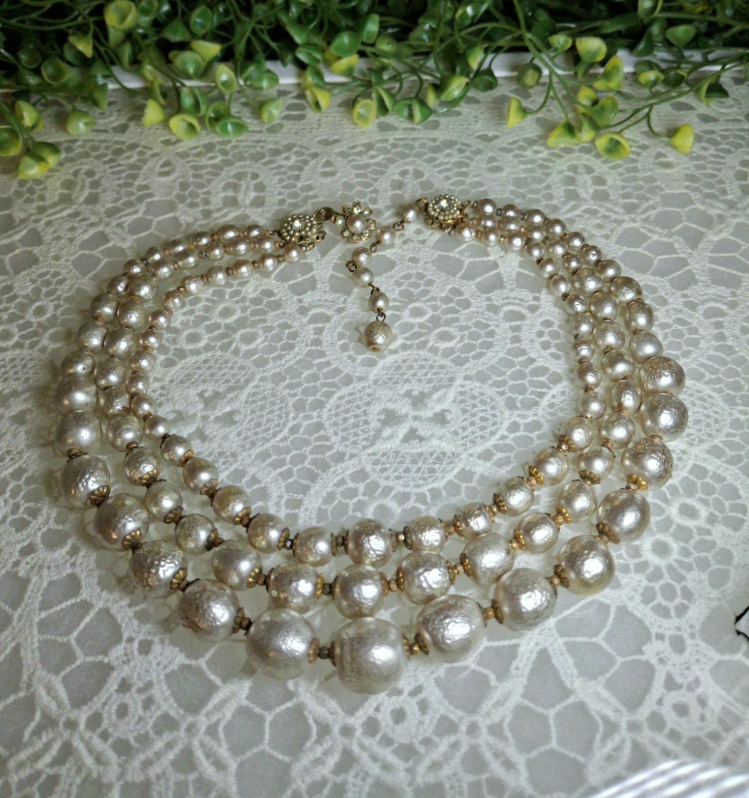 Early Signed Miriam Haskell 3 Strand Silver Niki Baroque Pearl Necklace