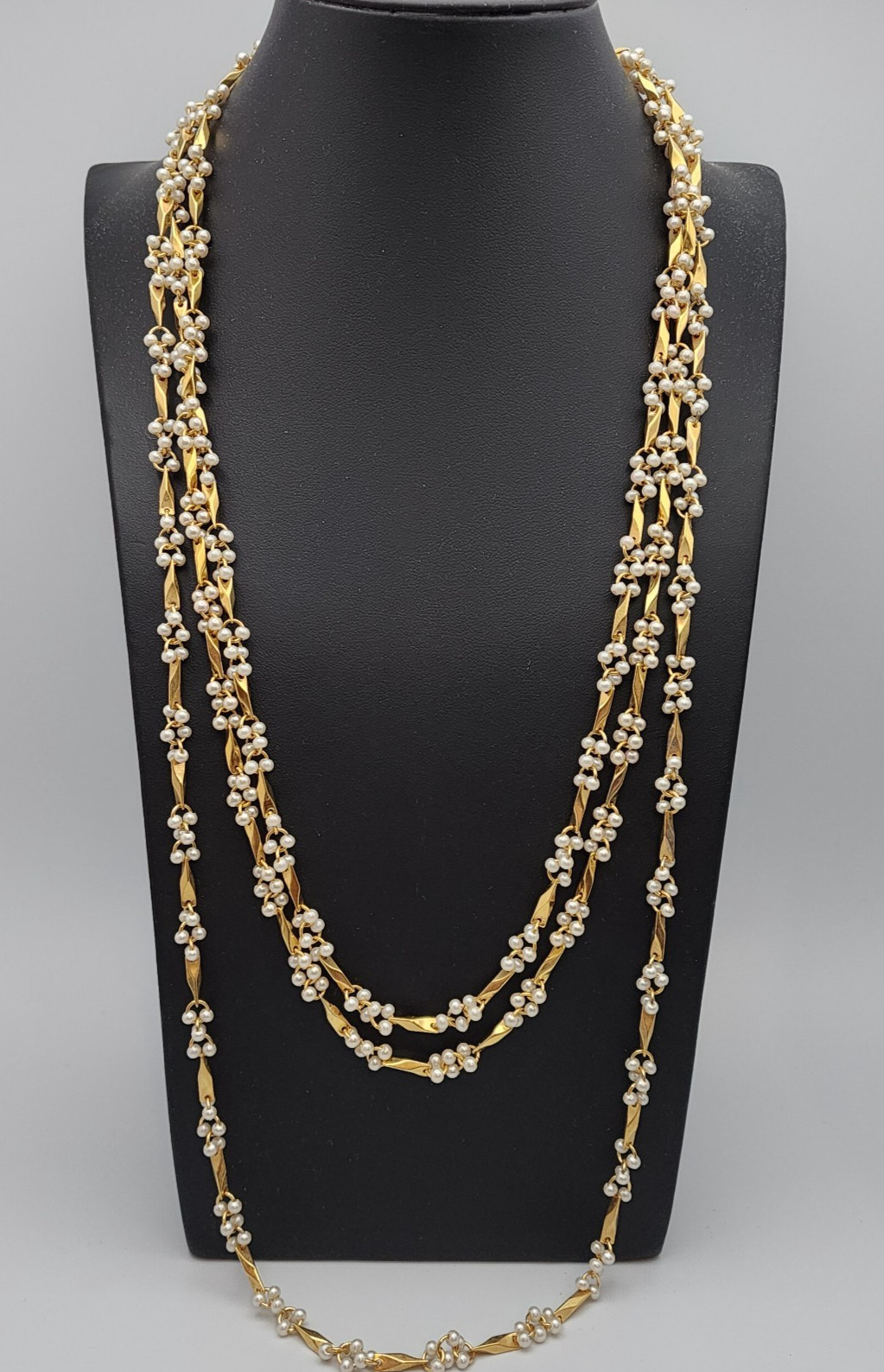 Vtg Pearl Bead Cluster Stations Necklace Twisted Bar Link Gold Tone Dainty 3