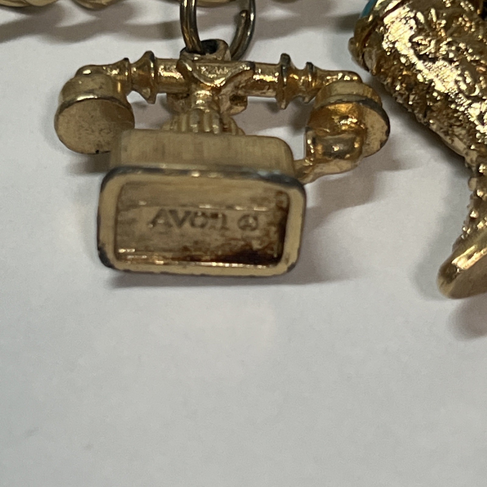 Vintage Charm Bracelet Chair Telephone Owl Boot Signed AVON Jewelry 7”