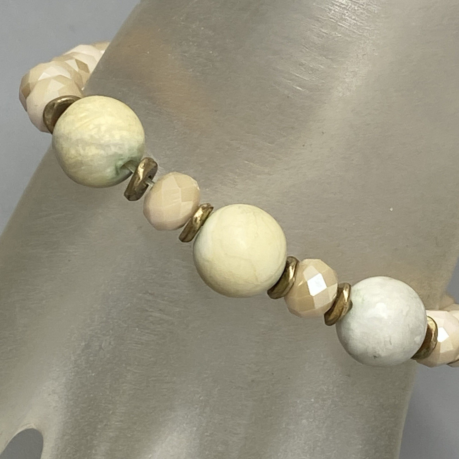 Stone Glass Bead Bracelet Cream Marble Gemstone Fire Polished Faceted Stretch 7″