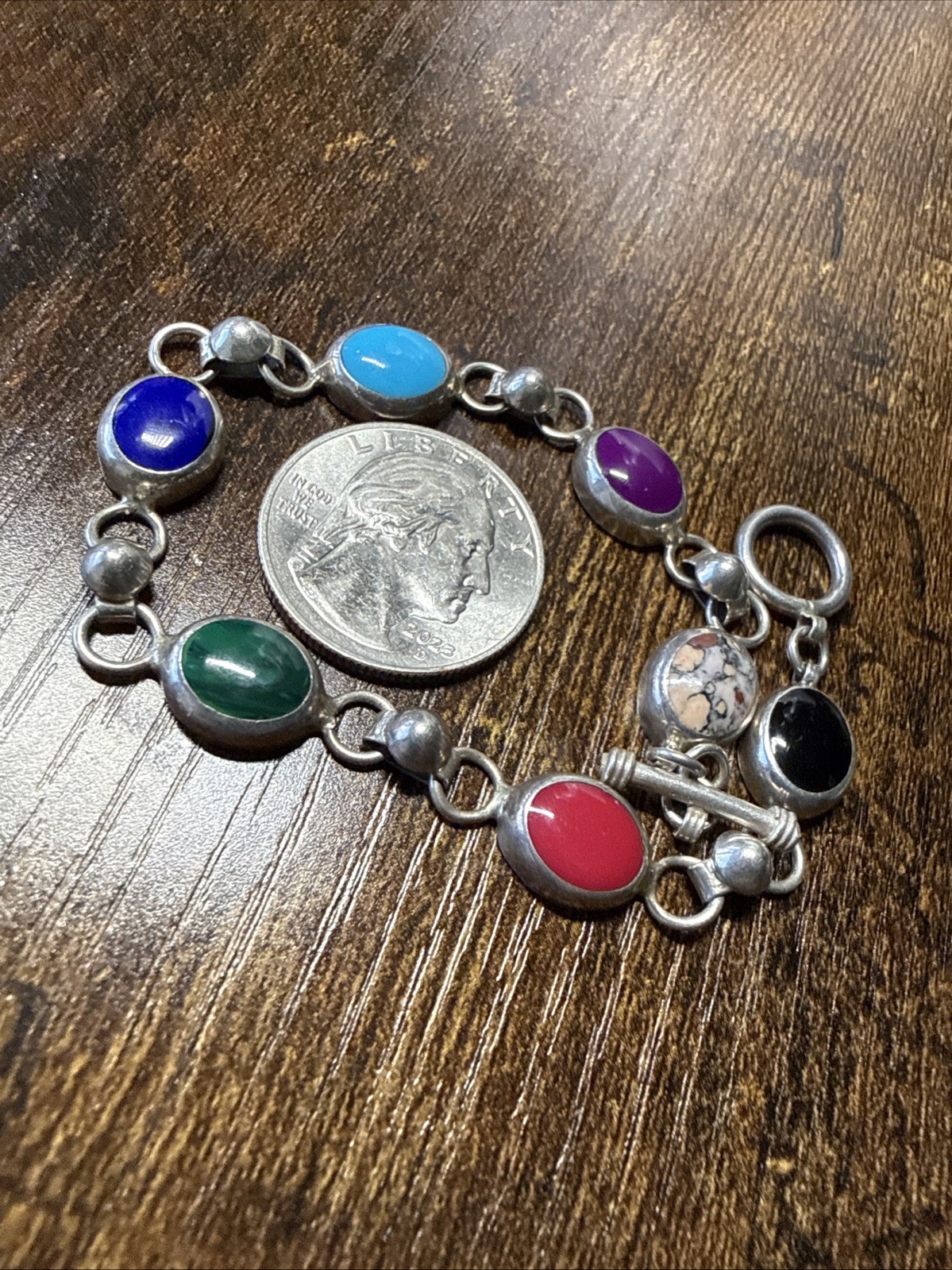ATI Mexico Bracelet Link Multicolor Multi-Stone Handmade 8.5”Sterling Silver 925