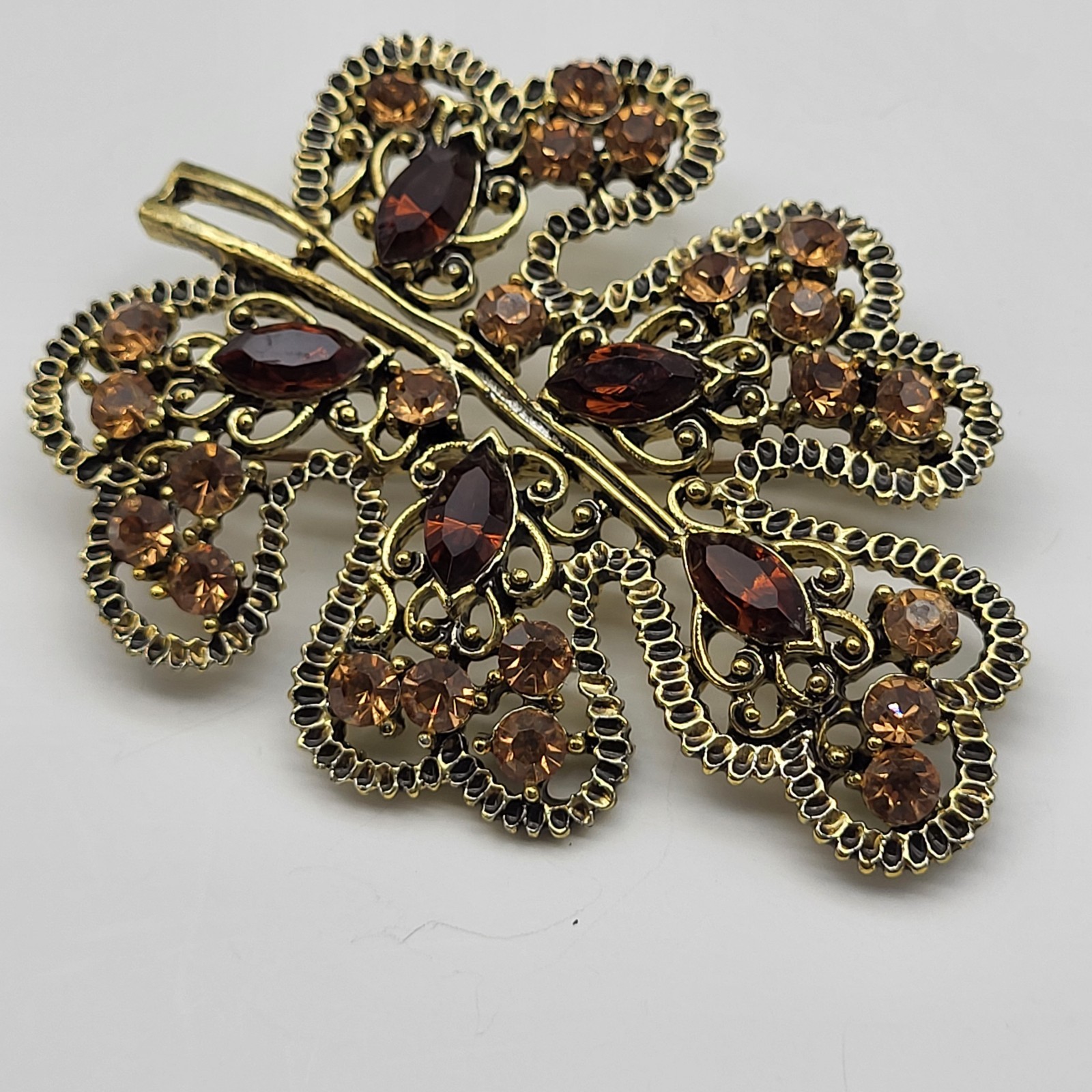 Lovely vintage large earthtones rhinestone brooch pin leaf Boho MCM