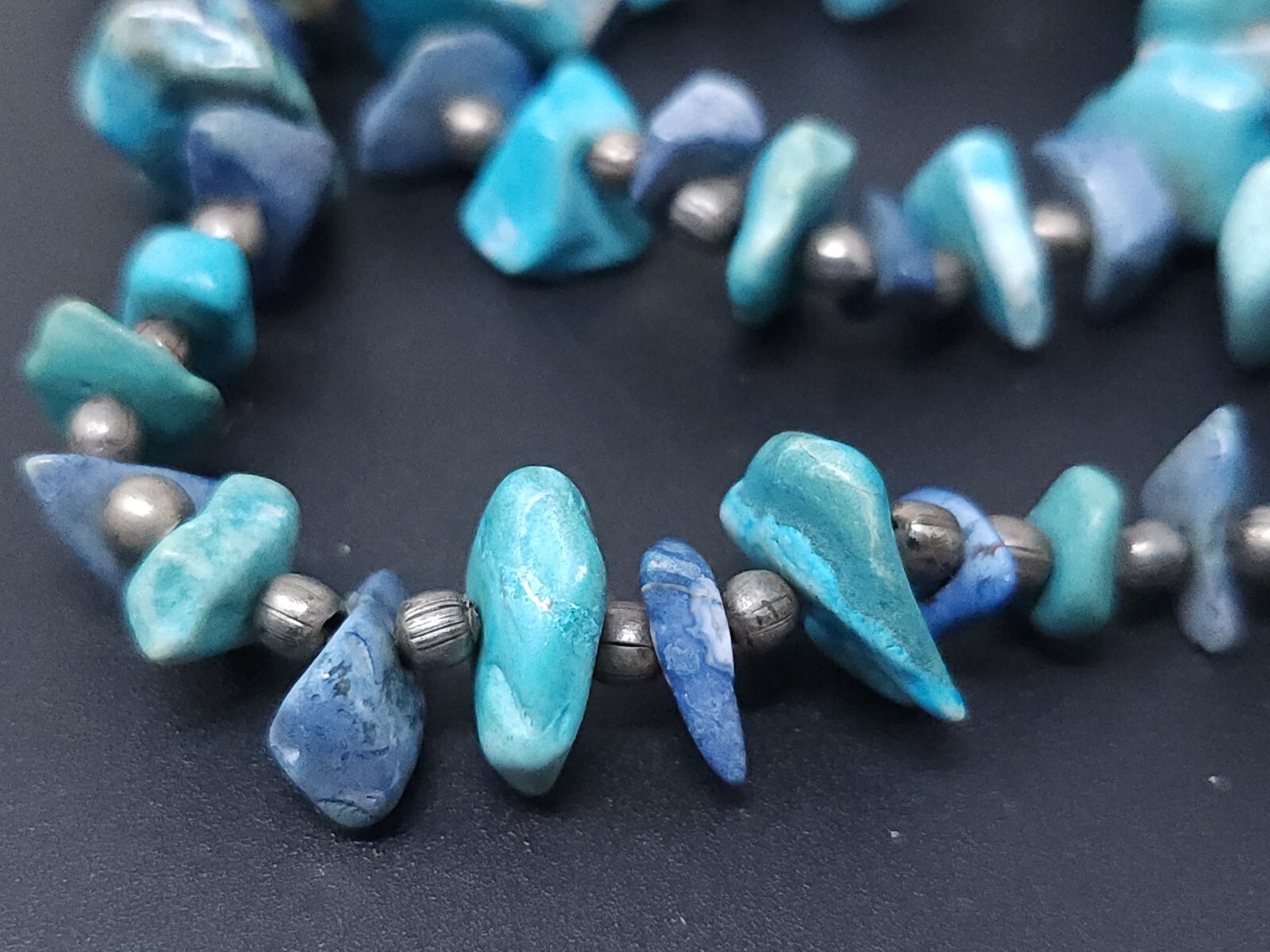 Vintage Silver Lapis Turquoise South Western Beaded Necklace 32″ No Clasp
