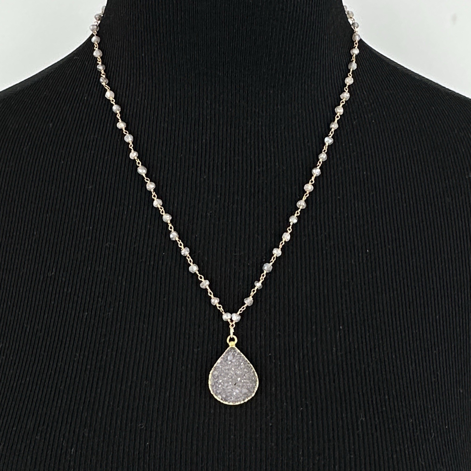 DRUZY teardrop pendant necklace – vintage labradorite bead rosary chain GF clasp