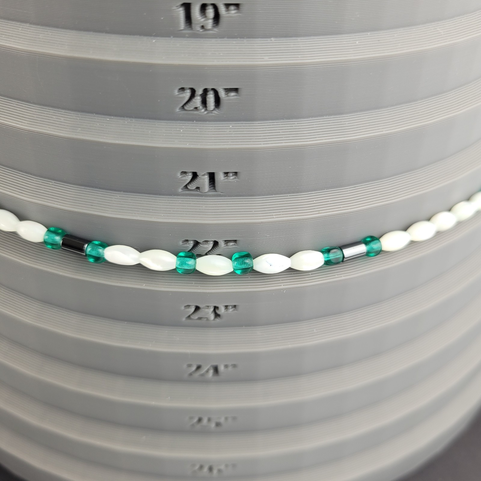 Mother Of Pearl Rice Bead Necklace With Green And Gray Bead Accents 22″
