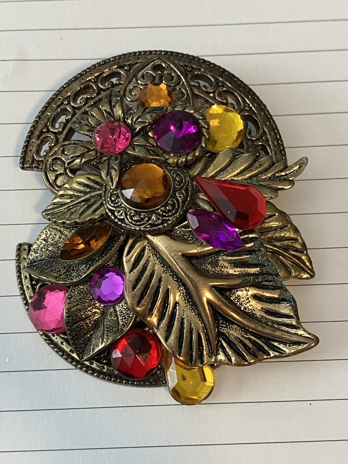 Vintage Gold Tone Pink Purple Red Yellow Plastic Gem Jewel Brooch Lapel Pin