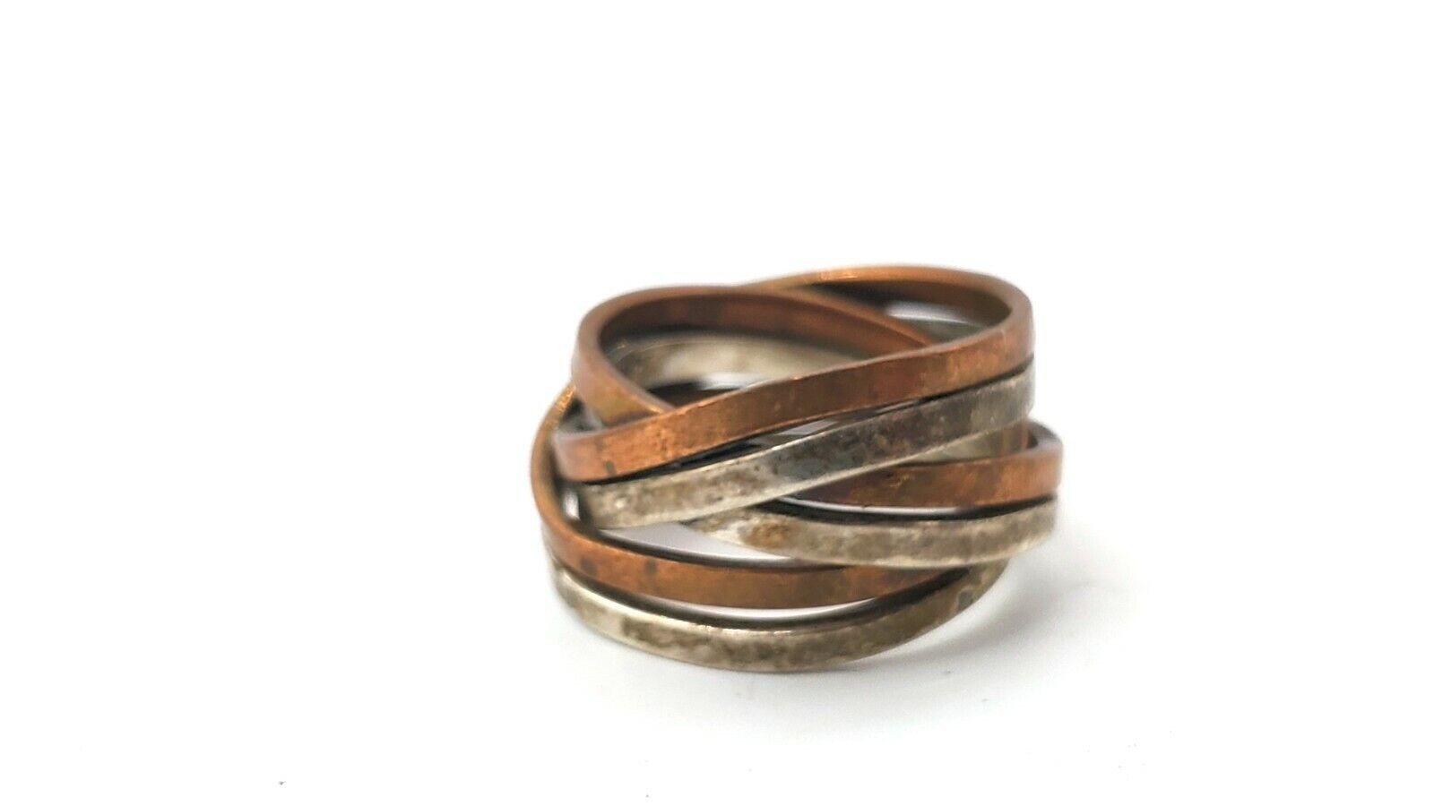 Vtg Signed Mexico Checkmark Artisan Sterling Silver Copper Mixed Metal Ring