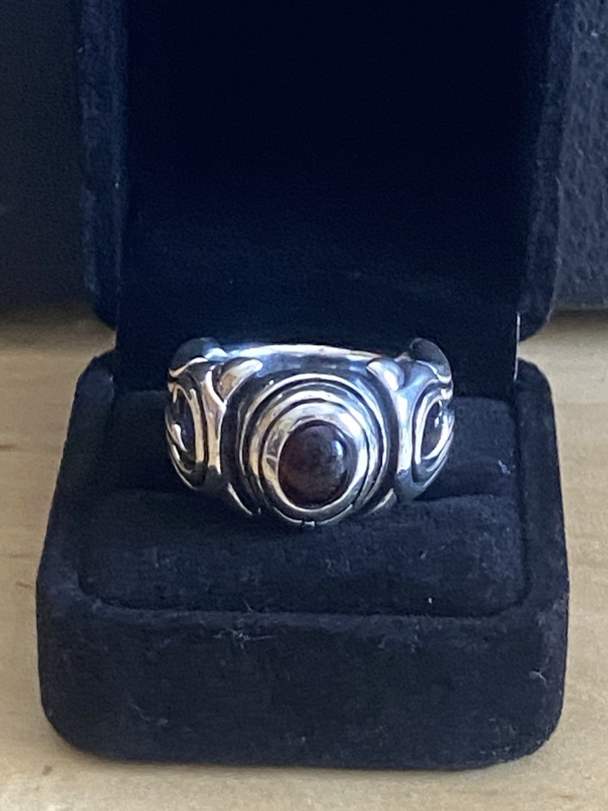 Vintage Heavy Sterling Silver Ring 18 DWT Deep Red Garnet Cabochon Stone