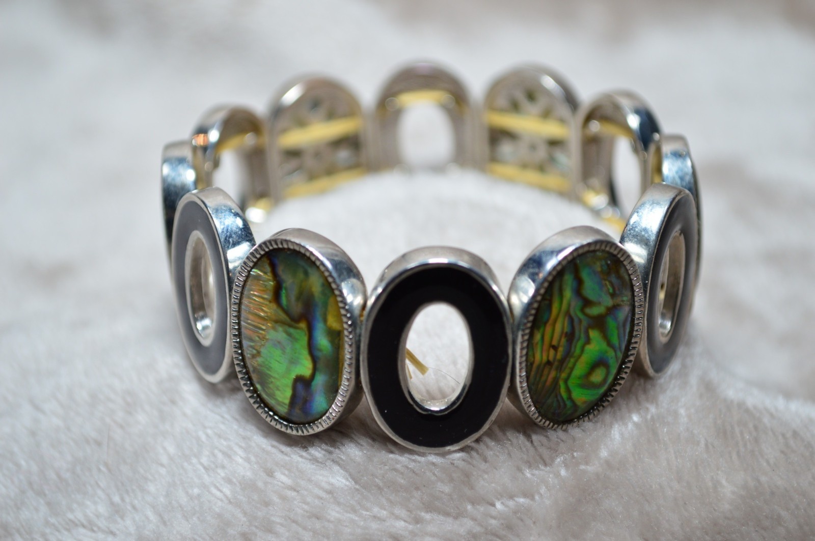 Vintage Inlaid Abalone Shell Stretch Bracelet Boho Chic Earthy Coastal MCM