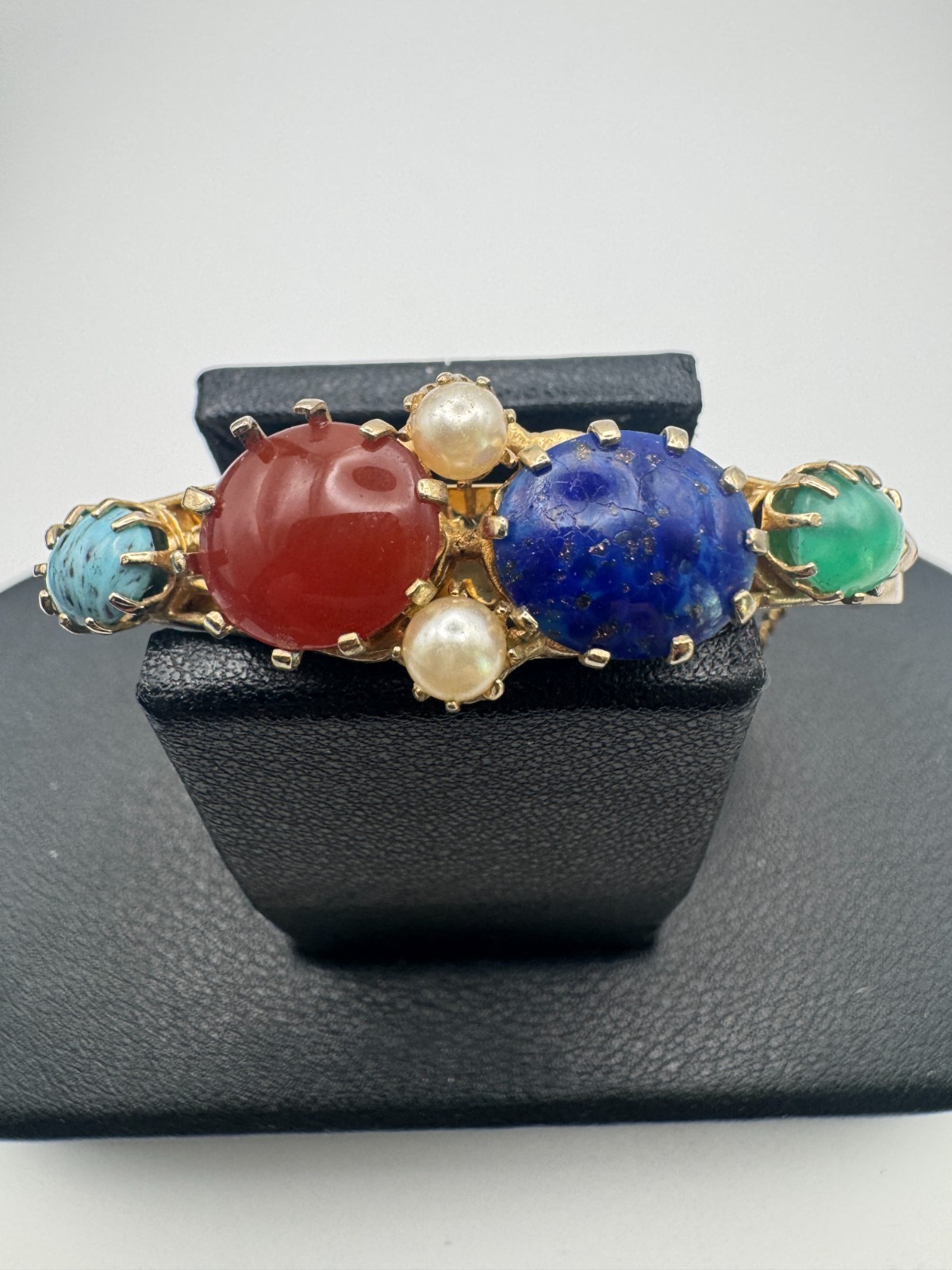 Vintage Cabochon Bracelet Green Blue Hinged Bangle Victorian Revival