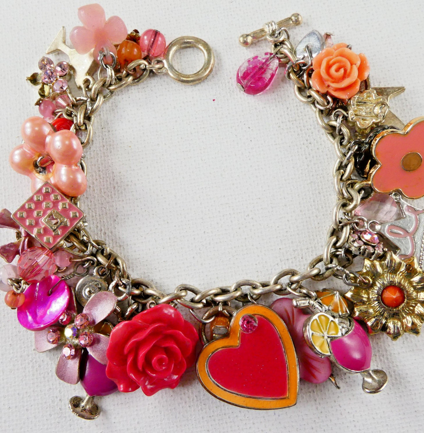 Vintage PINK Flower Charm Bracelet Floral Hearts Enamel Rhinestones Toggle Clasp