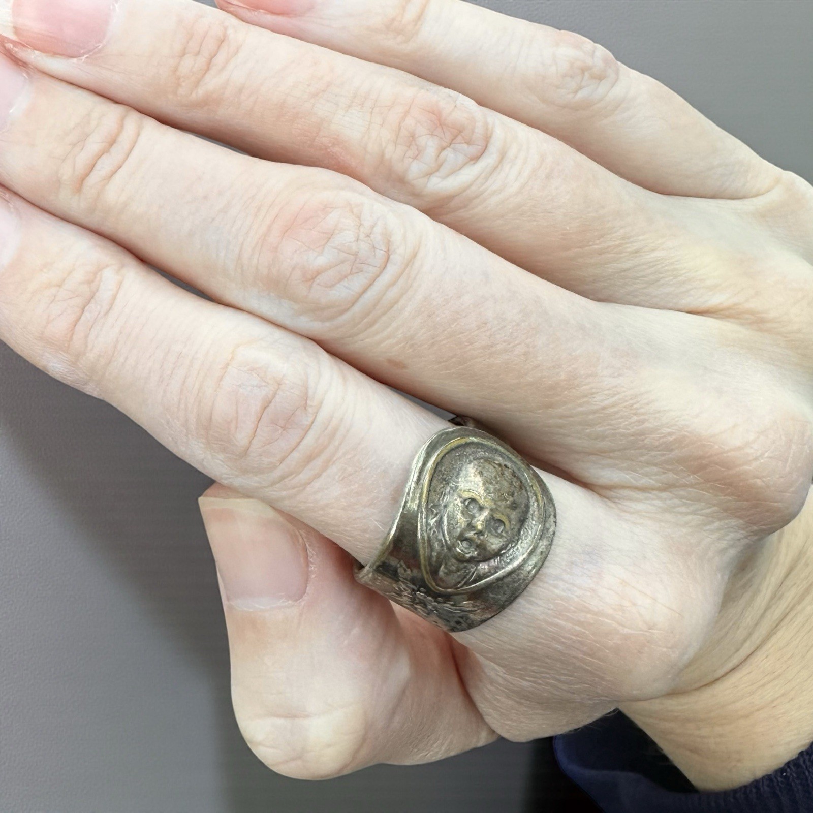 Vintage Oneida Gerber Baby Spoon Ring Heavy Patina Engraved 1981 Silver Size 8